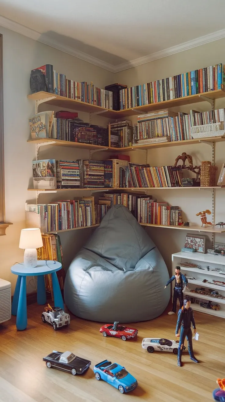 Escape to this enchanting toy room reading nook, where a bean bag reading nook invites little ones to curl up with their favorite books.  This kids reading nook, a perfect reading corner for baby's first stories, transforms playtime into a magical reading experience.  The preschool reading nook is designed for comfort and inspiration, creating cherished family memories.