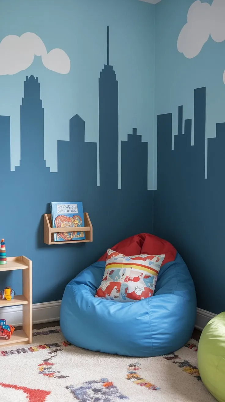 Escape the everyday in this whimsical playroom reading nook, where a bean bag chair and colorful pillows invite cozy reading adventures.  This child's reading corner, perfect for a preschool reading nook or even a toddler library nook, transforms playtime into a love of books.  A family reading nook where memories are made, one story at a time.