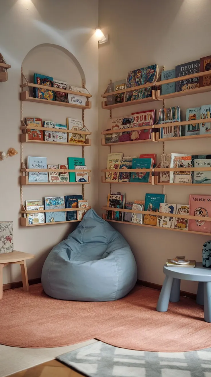 Snuggle up in this enchanting toy room reading nook, a dedicated space for fostering a love of reading from the earliest age.  The reading nook with bean bag offers a comfy spot for children to lose themselves in books, making it an ideal reading corner for baby and a cherished family reading nook. This kids reading nook, complete with its own little bean bag reading nook, is a testament to the power of storytelling and the magic of a well-loved book.