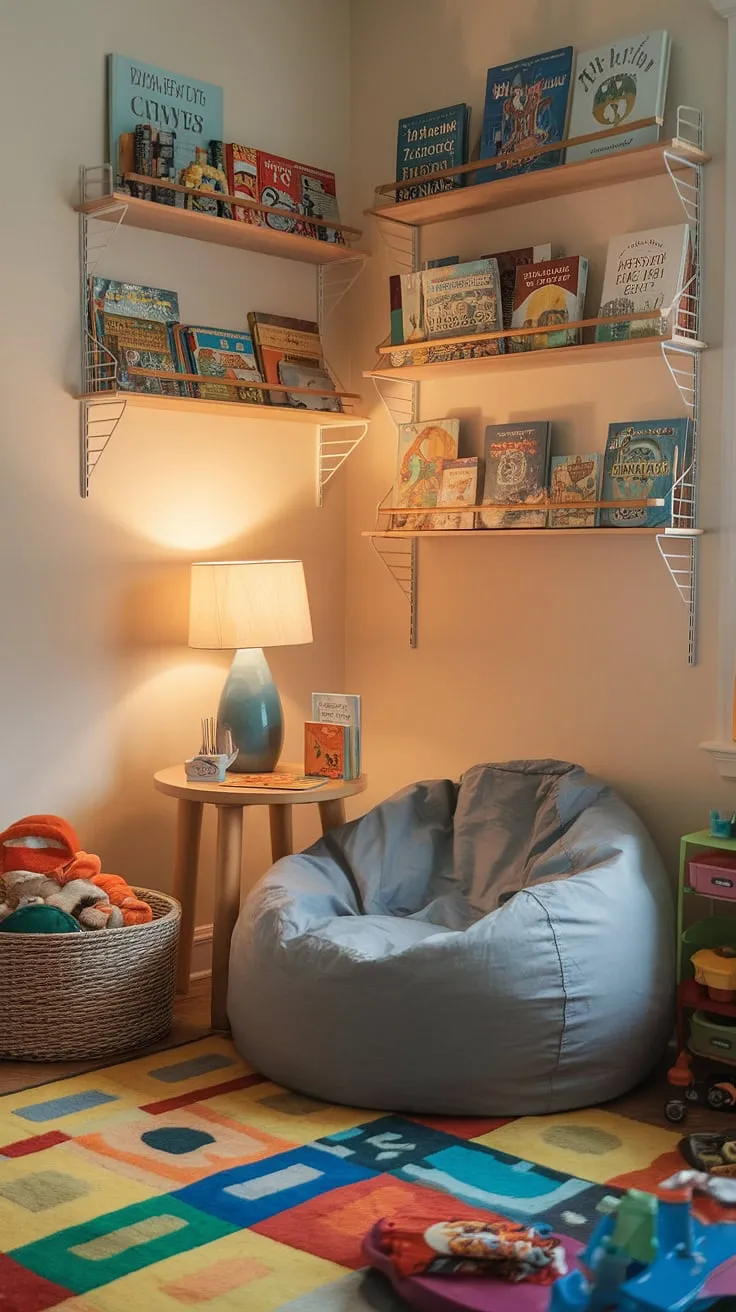 This warm and inviting playroom reading nook is a haven for young readers.  A comfy bean bag reading nook provides the perfect spot to curl up with a favorite book, while the nearby shelves overflow with stories waiting to be discovered.  Designed as a reading corner for baby and growing toddlers, this kids reading nook is a delightful blend of fun and learning, creating a family reading nook where memories are made.  It's the ultimate preschool reading nook and toddler library nook, fostering a love of reading from the very start.