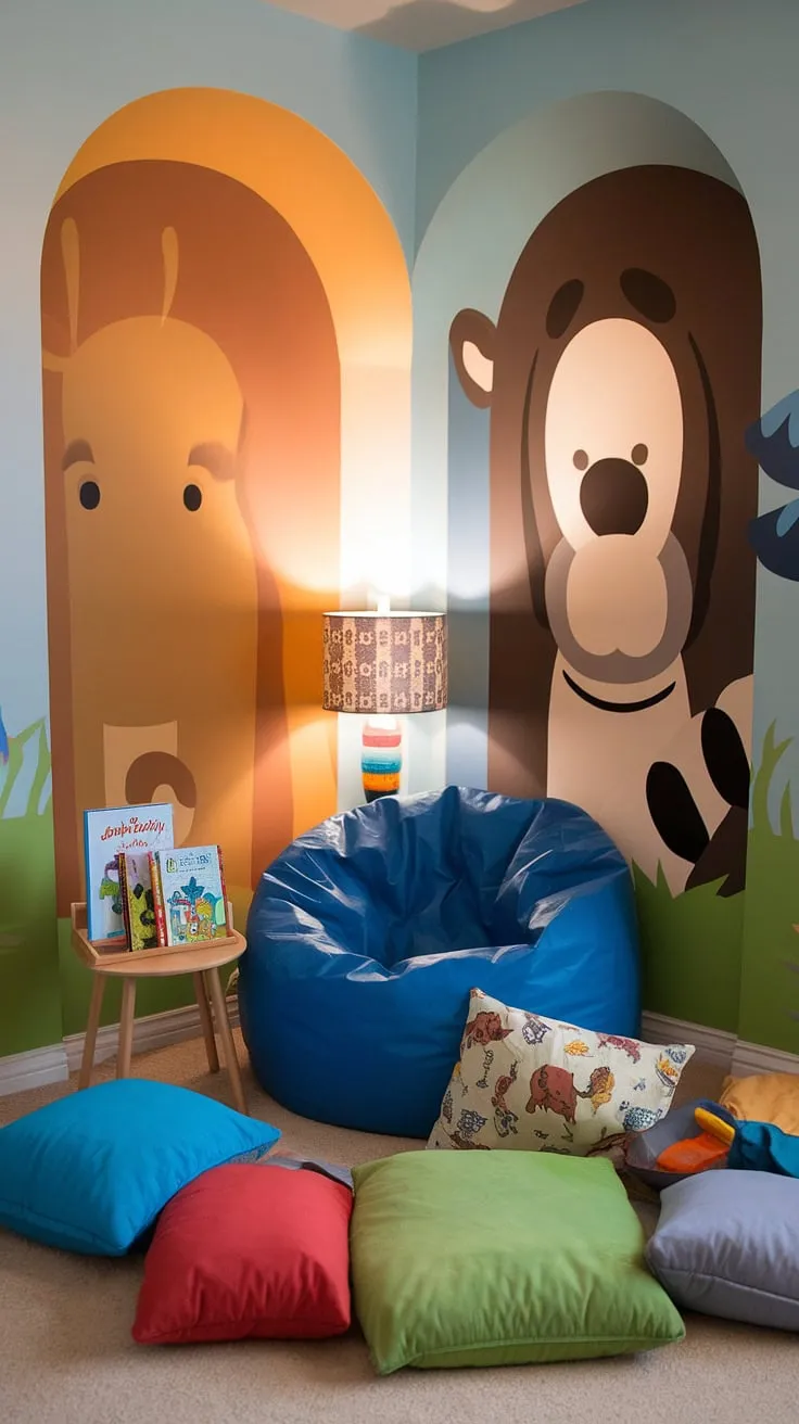 This toy room reading nook, a delightful bean bag reading nook, is a haven for young readers.  Surrounded by whimsical animal wall art, the kids reading nook provides a comfortable and inspiring setting for children to explore the magic of books.  Perfect as a reading corner for baby or a toddler library nook, this space fosters a love of reading from the earliest years.  The reading nook with bean bag is a charming addition to any family's playroom.