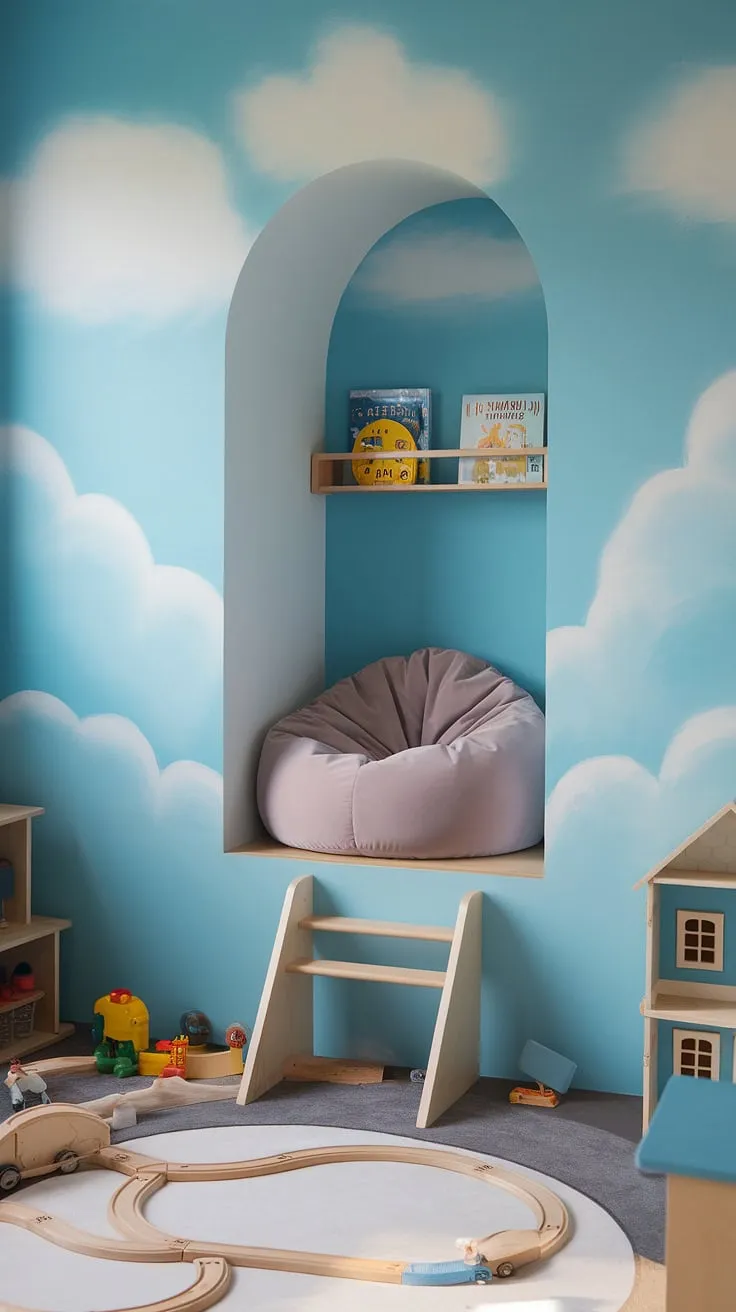 Dive into a world of imagination in this bean bag reading nook, a delightful addition to any playroom. This reading nook with bean bag provides the perfect spot for quiet reading time, transforming this toy room reading nook into a cozy child's reading corner.  Designed as a family reading nook, this preschool reading nook and toddler library nook encourages a love of books from a young age. The charming ladder and sky-themed mural add to the enchanting atmosphere of this kids reading nook.