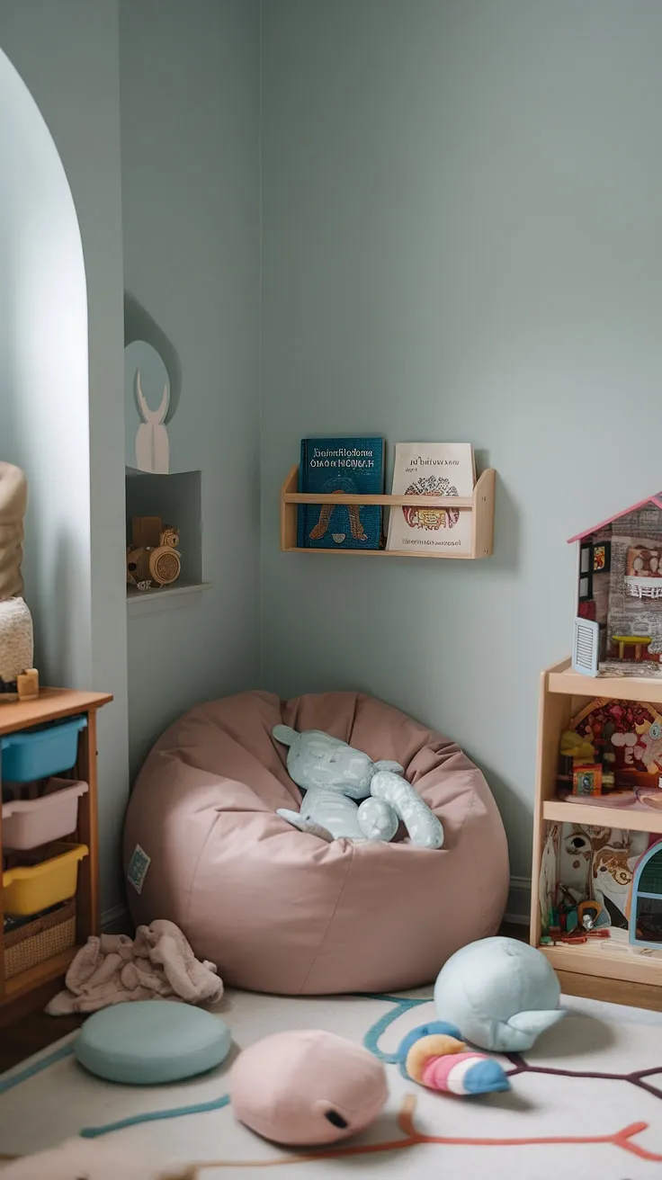 This charming playroom reading nook is a haven for young readers. A bean bag reading nook provides the perfect spot for a reading corner for baby, or a kids reading nook for older children.  The family reading nook encourages a love of books from an early age, transforming this toy room into a space where imagination and literacy flourish.  This toddler library nook, also a perfect preschool reading nook, is a testament to the magic of reading.