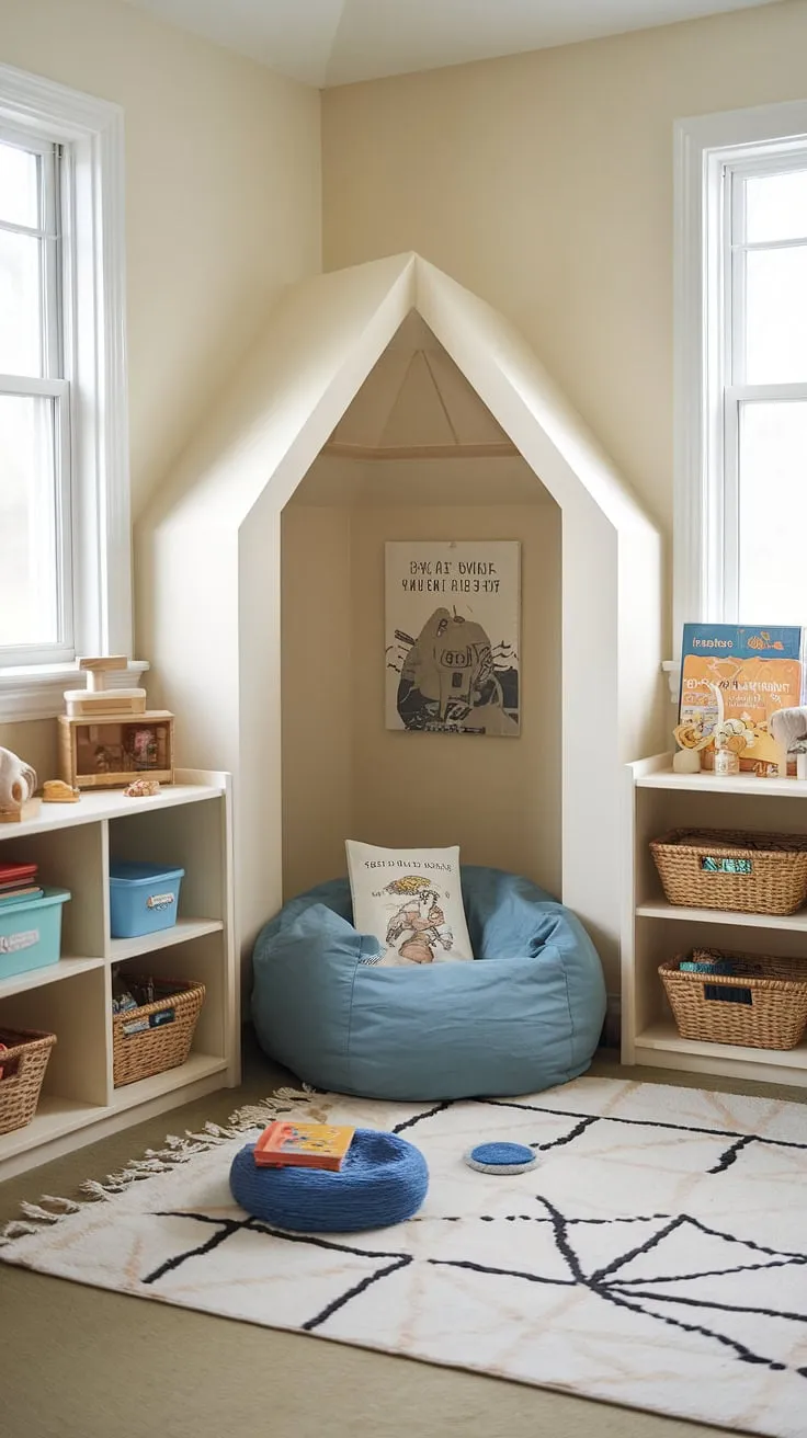 Escape the everyday in this enchanting toy room reading nook.  A reading nook with bean bag provides the perfect spot for snuggling up with a favorite book, creating a kids reading corner that sparks a lifelong love of reading. This bean bag reading nook and reading corner for baby is a delightful space for family time, transforming this playroom into a treasured toddler library nook.