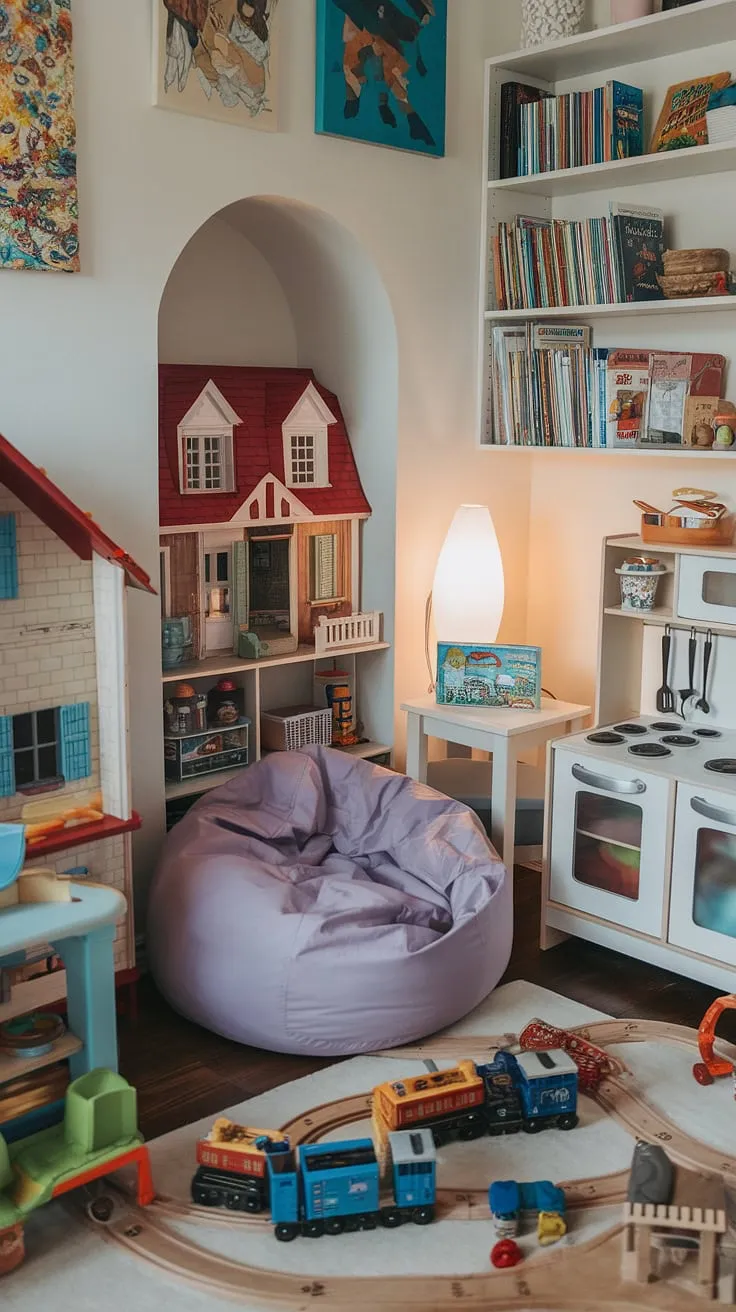 This cozy playroom reading nook, complete with a bean bag chair and a small table, invites quiet moments amidst the playful chaos of toys.  A perfect child's reading corner, this toddler library nook offers a space for family reading time, transforming playtime into a preschool reading nook experience.  The reading nook with bean bag is a welcoming spot for even the littlest bookworms.