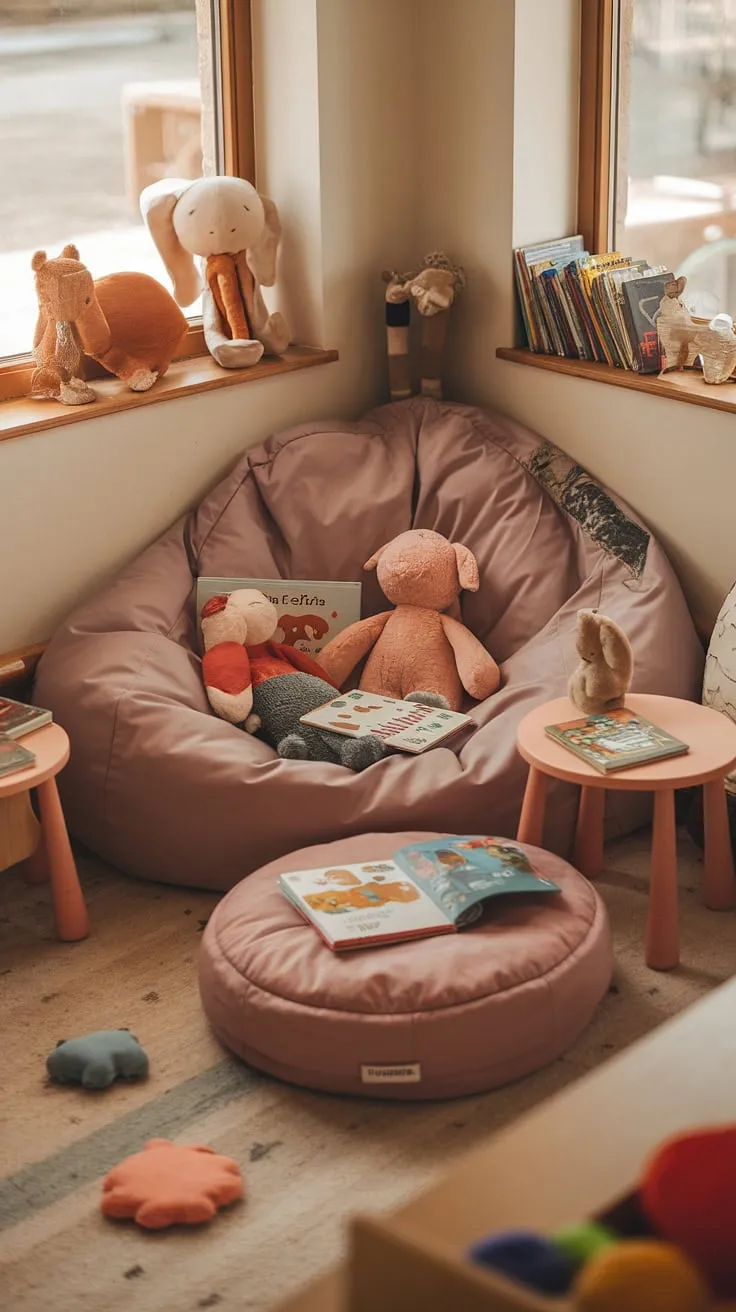 Escape the everyday in this enchanting reading nook with bean bag.  Designed as a family reading nook, this child's reading corner within the playroom offers a dedicated space for quiet reading time. Perfect for babies and toddlers, this toy room reading nook doubles as a preschool reading nook, a cozy bean bag reading nook, and a delightful kids reading nook.