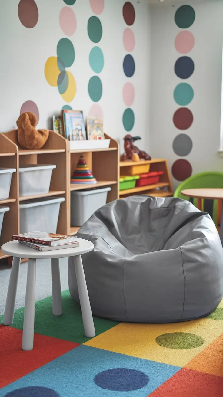 This toy room reading nook, complete with a comfy bean bag reading nook and a small table piled high with books, is the perfect spot for family reading time.  Designed as a child's reading corner, this space transforms into a magical reading corner for baby, a toddler library nook, or a preschool reading nook.  The colorful surroundings and inviting bean bag chair create a welcoming kids reading nook, a playroom reading nook where learning and fun collide.