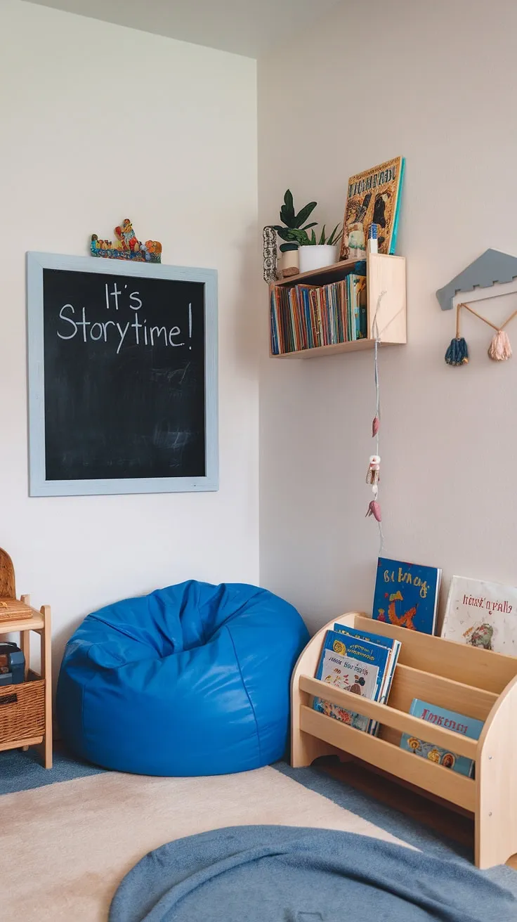 Cozy corners for curious minds! This playroom reading nook, complete with a bean bag reading nook and a chalkboard proclaiming "It's storytime!", is the perfect toddler library nook for family reading time.  A child's reading corner designed to spark imaginations and foster a love of books, it's a preschool reading nook and kids reading nook all in one.