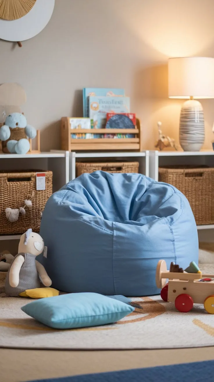 Snuggle into this inviting bean bag reading nook, the heart of our toy room reading nook.  A kids reading corner designed for comfort and quiet reading time, this reading nook with bean bag is the perfect spot for a reading corner for baby or a family reading time.  It's more than just a child's reading corner; it's a cherished space where stories unfold.