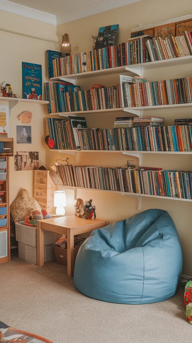 Cozy corners for curious minds! This playroom reading nook, also a perfect toddler library nook, boasts a bean bag reading nook and shelves brimming with books, creating a magical child's reading corner where imaginations soar.  It's the perfect family reading nook, a preschool reading nook, and a kids reading nook all in one.