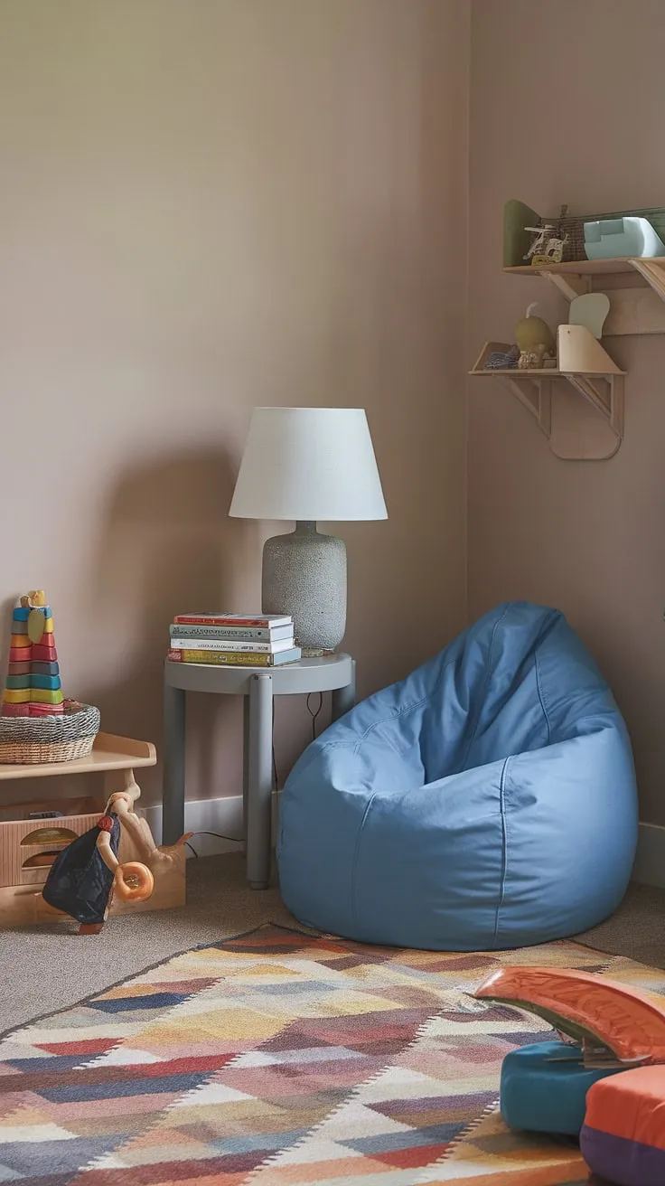 Nestled in the heart of this toy room reading nook, a cozy bean bag reading nook awaits.  Perfect for a child's reading corner, this preschool reading nook offers a comfy spot for family reading time, transforming even the busiest playroom into a toddler library nook where little ones can lose themselves in stories.  This reading corner for baby, or any child, is a haven of imagination.