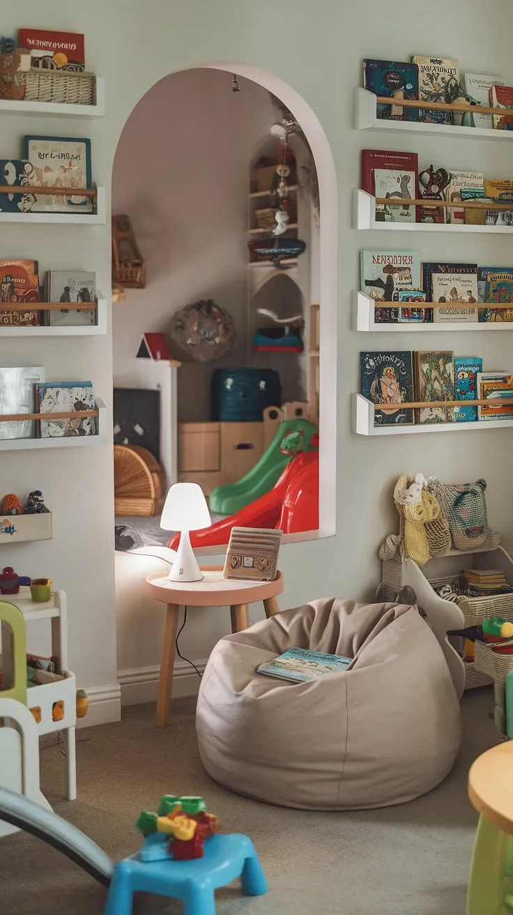 This toy room reading nook, complete with a comfy bean bag and a small table lamp, invites little ones to explore the magic of books.  A reading corner for baby, this child's reading corner is more than just a space; it's a gateway to literacy and a cherished family reading nook.  The built-in shelves create a mini toddler library nook, making this reading nook with bean bag the perfect spot for quiet moments and shared stories.