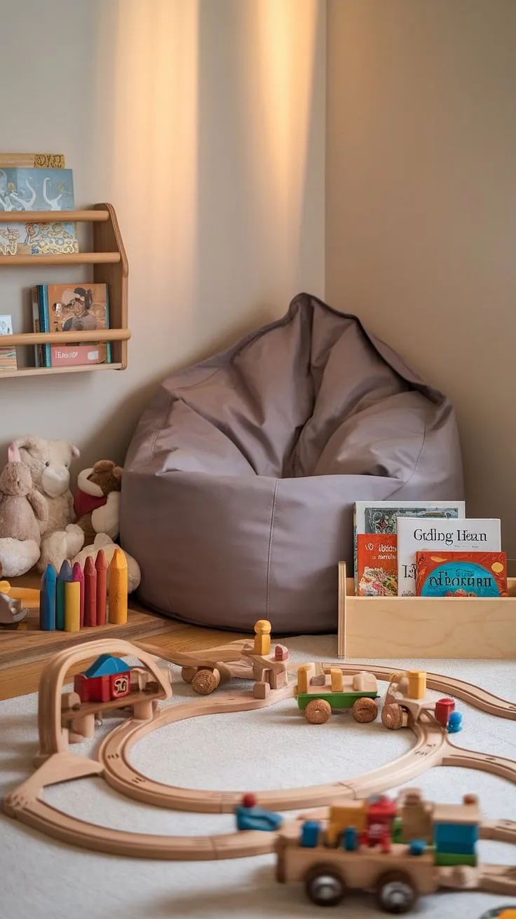 Escape the everyday in this enchanting toy room reading nook.  A comfy bean bag reading nook awaits, nestled amongst beloved stuffed animals and building blocks. This reading nook with bean bag is more than just a child's reading corner; it's a family reading nook, a preschool reading nook, and a toddler library nook all in one.  A haven for quiet moments and shared stories.
