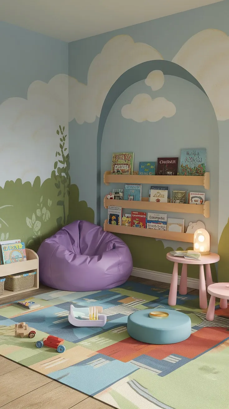 Escape the everyday in this whimsical playroom reading nook, where imagination takes flight.  A cozy bean bag reading nook, nestled amongst colorful books and a charming cloud mural, invites little ones to explore worlds beyond their wildest dreams. This toddler library nook, perfect for family reading time, transforms playtime into a cherished preschool reading nook experience.