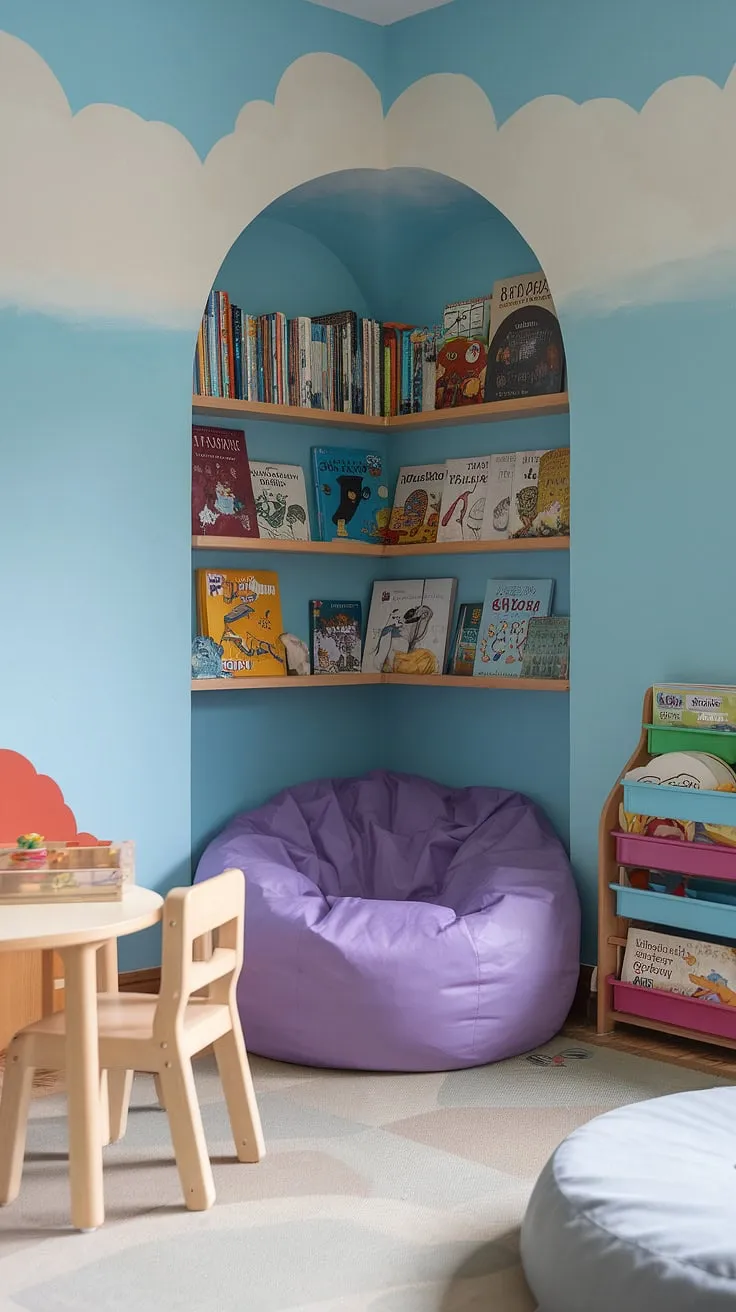 Escape to this whimsical toy room reading nook, a delightful reading corner for baby and beyond.  The bean bag reading nook, nestled within a sky-painted playroom, invites little ones to lose themselves in stories.  This kids reading nook, a true preschool reading nook, is more than just a space; it's a portal to countless adventures.