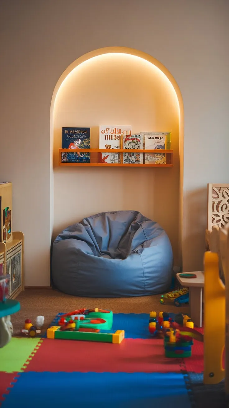 A reading nook with bean bag nestled within a vibrant playroom—the ultimate blend of fun and learning. This kids reading nook, perfect as a reading corner for baby or a bean bag reading nook for older children, offers a dedicated space for quiet moments and shared stories.  It's more than just a playroom reading nook; it's a cherished family reading nook where memories are made.