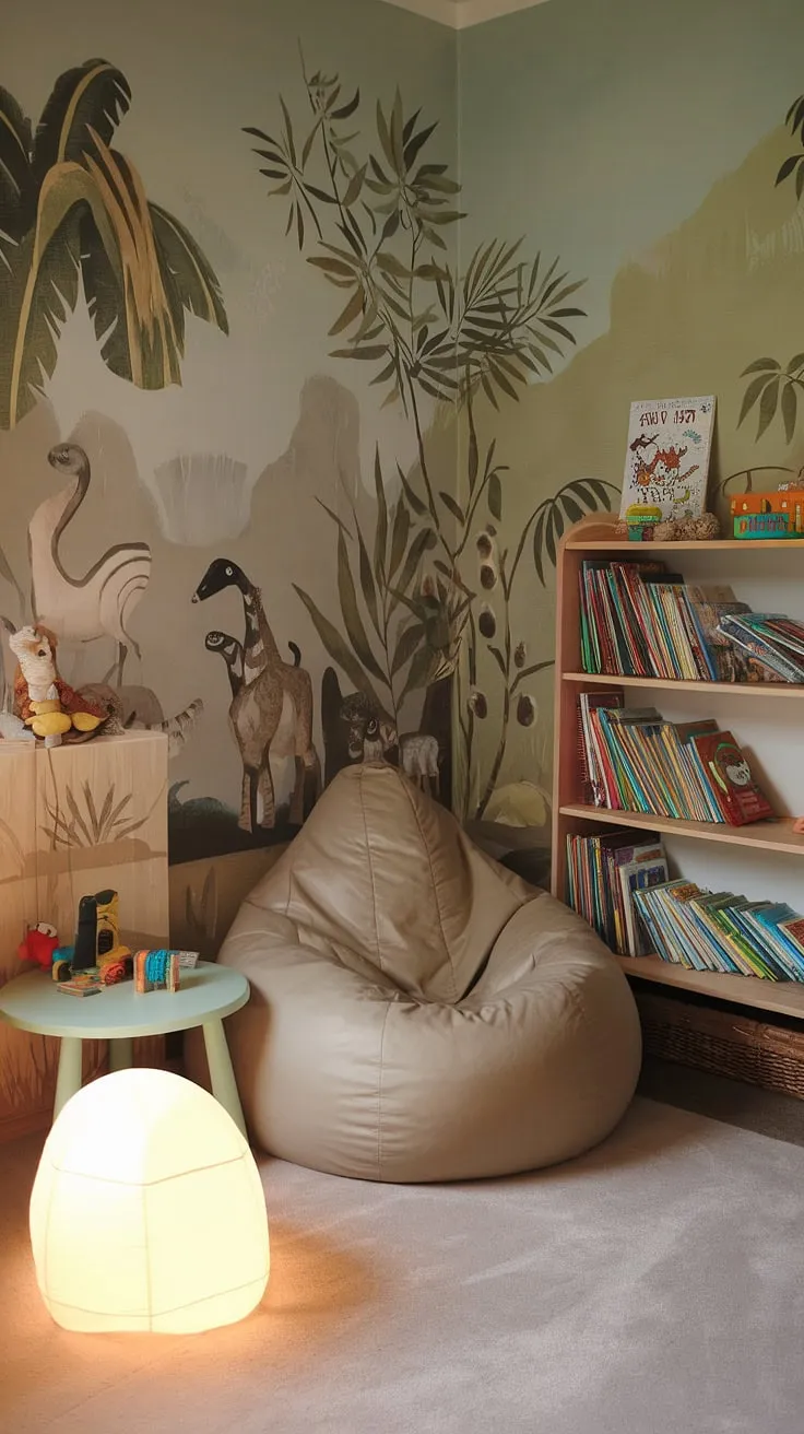 Dive into adventure in this whimsical reading corner for baby!  This bean bag reading nook, nestled within a vibrant jungle mural, transforms a simple playroom into a magical child's reading corner.  Perfect as a family reading nook or a preschool reading nook, this reading nook with bean bag is the ultimate kids reading nook and toddler library nook.