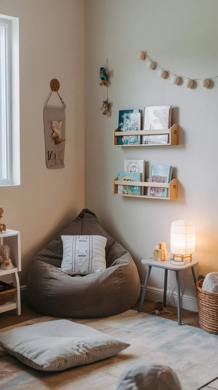 Cozy corners for curious minds! This playroom reading nook, complete with a bean bag reading nook and a toddler library nook, is the perfect spot for family reading time.  The preschool reading nook offers a comfy space for children to explore books, while the child's reading corner encourages a love of reading from a young age.