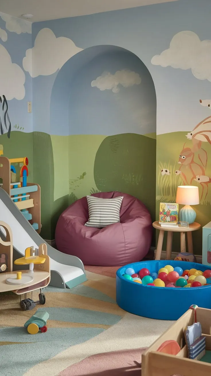 Whimsical clouds and playful animals surround this cozy reading nook, a perfect escape for little ones amidst the excitement of the toy room.  A bean bag chair invites snuggles, while nearby books and a lamp create the ideal child's reading corner, transforming this preschool reading nook into a toddler library nook and family reading nook all in one. This playroom reading nook, complete with its reading nook with bean bag, is a haven for imaginative adventures and quiet moments.