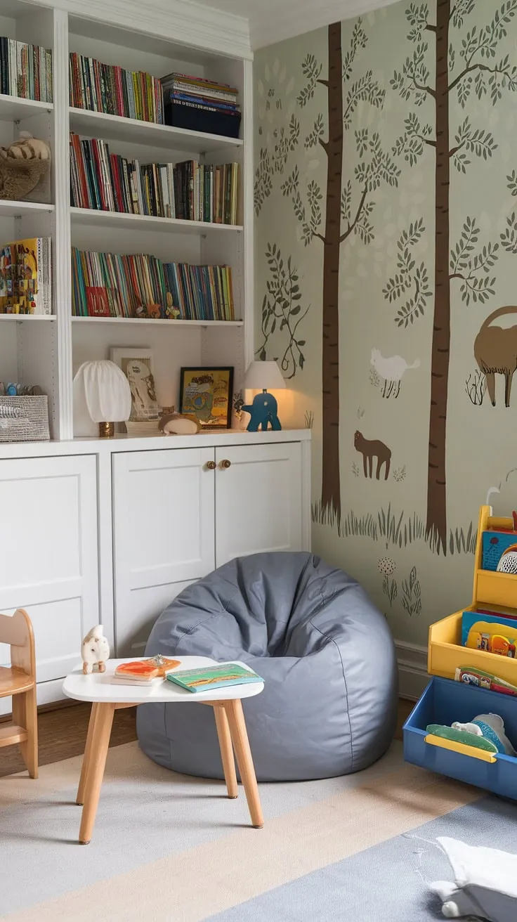 This playroom reading nook, a delightful kids reading corner and reading corner for baby, is more than just a space; it's an invitation to adventure.  The comfortable bean bag reading nook, nestled beside a charming wooden chair and a bookshelf brimming with stories, creates the perfect atmosphere for family reading time. This toddler library nook and preschool reading nook is a testament to the power of shared reading experiences.