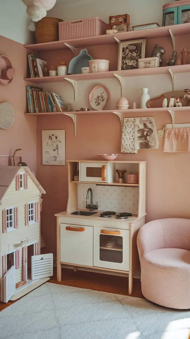 Step into this charming small dream playroom, a haven of vintage-inspired fun.  The perfect indoor playroom, this space blends a cozy play cafe feel with a dedicated kids playroom decor, creating a delightful indoor playground design for imaginative play.  A baby playroom or girls playroom, this space is a perfect play place for little ones.