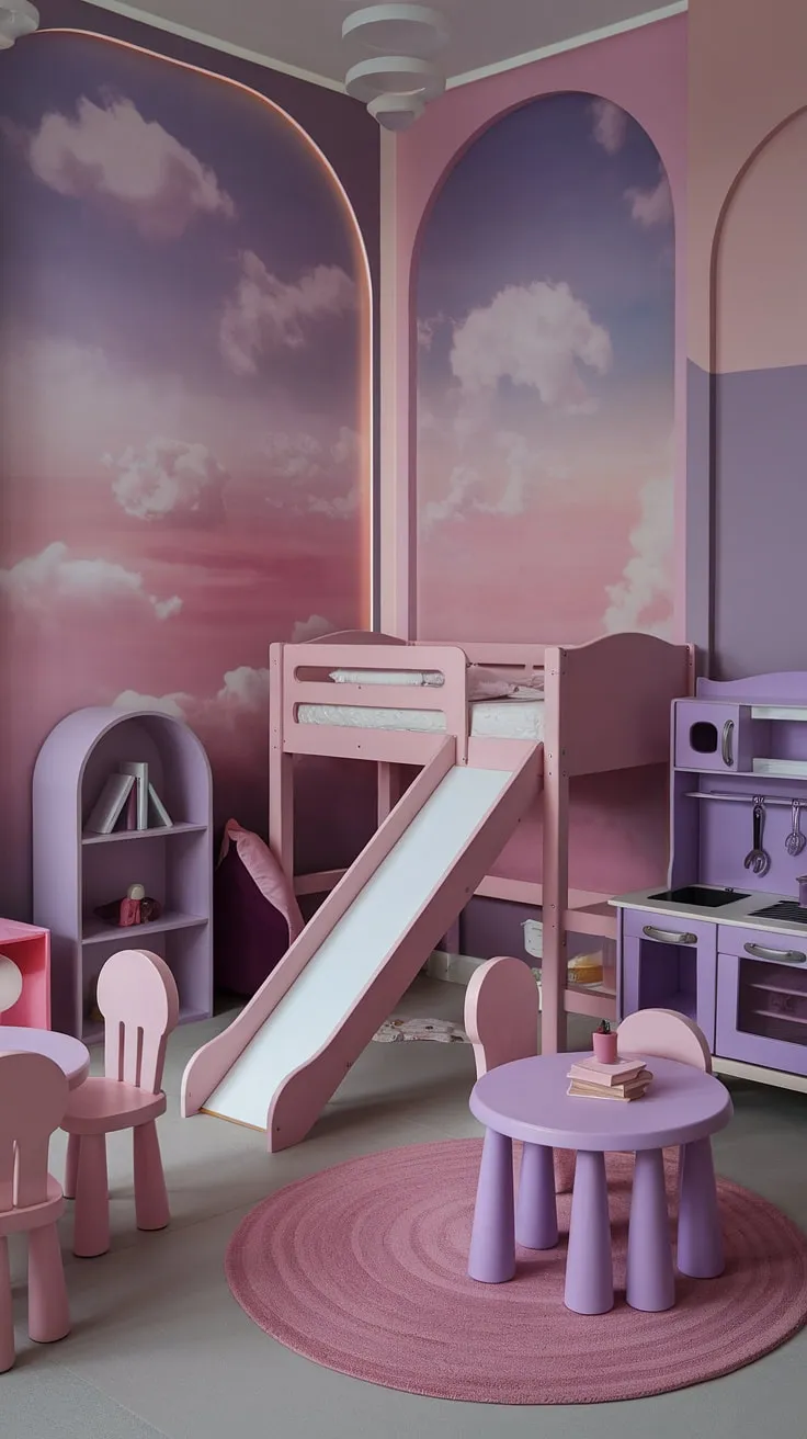 This dreamy indoor playroom is a haven for little ones.  The small space is cleverly designed as a delightful indoor playground, boasting a cloud mural, pink loft bed with slide, and a charming purple play kitchen.  Perfect as a baby playroom, girls playroom, or even a miniature play cafe or kids cafe, this kids playroom decor is the epitome of playful elegance.
