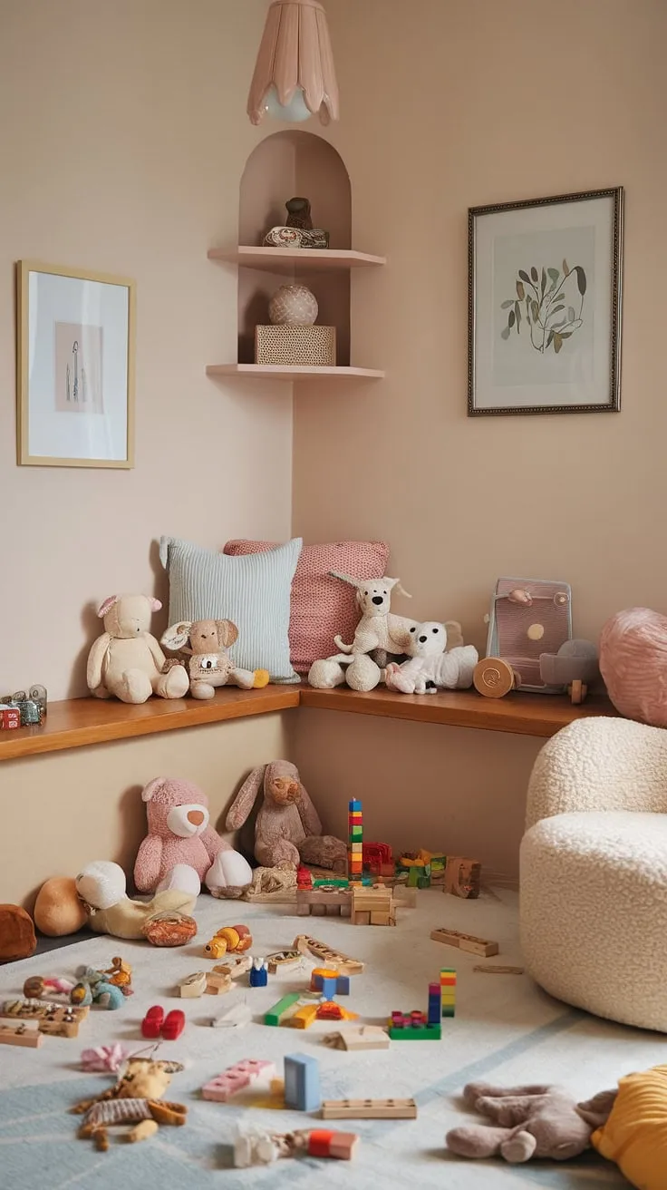 Step into this enchanting small dream playroom, a delightful indoor playroom designed for little ones.  This kids playroom decor, with its cozy plush chair and wooden bench, creates a perfect play cafe or kids cafe atmosphere.  Scattered toys, from building blocks to stuffed animals, invite imaginative play in this baby playroom, a girls playroom, or simply a magical play place for any child.