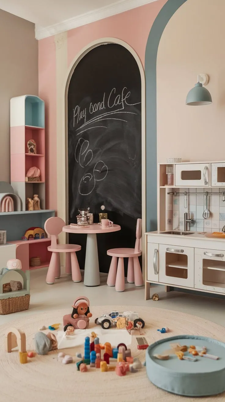 This small dream playroom is every child's fantasy come true!  A whimsical blend of play place and play cafe, it seamlessly combines a vibrant kids playroom decor with a charming baby playroom area.  The indoor playground design is perfect for imaginative play, while the kids cafe offers a delightful spot for little ones to enjoy pretend coffee breaks.  This indoor playroom is a testament to clever girls playroom design, maximizing space and fun in a truly enchanting setting.