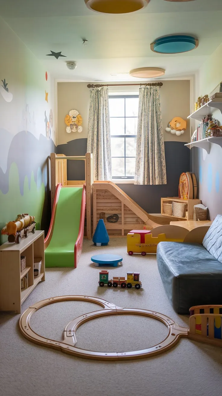 This small dream playroom is a haven of imagination, transforming a compact space into a vibrant indoor playground design.  The perfect play place for kids, it seamlessly blends a baby playroom's gentle charm with a girls playroom's playful aesthetic, featuring a miniature slide, wooden train set, and cozy couch.  It's the ultimate kids playroom decor, rivaling even the best play cafe or kids cafe.