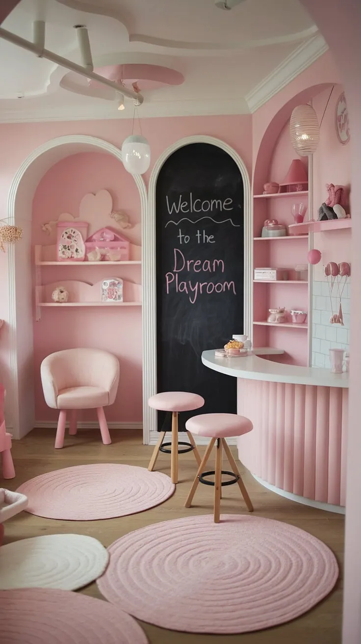 Step into a world of whimsical wonder in this small dream playroom, a perfect blend of play cafe and baby playroom.  The soft pink hues and charming play place create an enchanting indoor playground design, complete with a mini kids cafe and cozy reading nook. This girls playroom is the ultimate kids playroom decor, transforming playtime into an unforgettable experience.