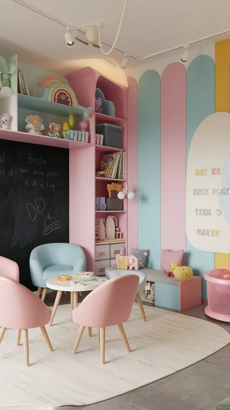 Transform a small space into a magical kids playroom with this indoor playroom design.  This delightful play cafe, perfect as a baby playroom or girls playroom, boasts a charming cafe-style seating area, a chalkboard wall, and plenty of space for imaginative play.  The pastel color palette and thoughtful kids playroom decor create a truly dreamy play place, an indoor playground design that's both functional and fun.