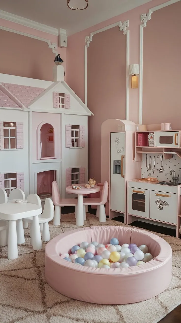This small dream playroom is every girl's fantasy!  A whimsical blend of pink and white, it features a delightful play cafe, a charming dollhouse, a toy kitchen, and even a baby playroom area complete with a ball pit.  This indoor playroom is the ultimate indoor playground design, a perfect play place for imaginative adventures and endless fun.  The kids playroom decor is simply enchanting, creating a truly magical kids cafe experience.