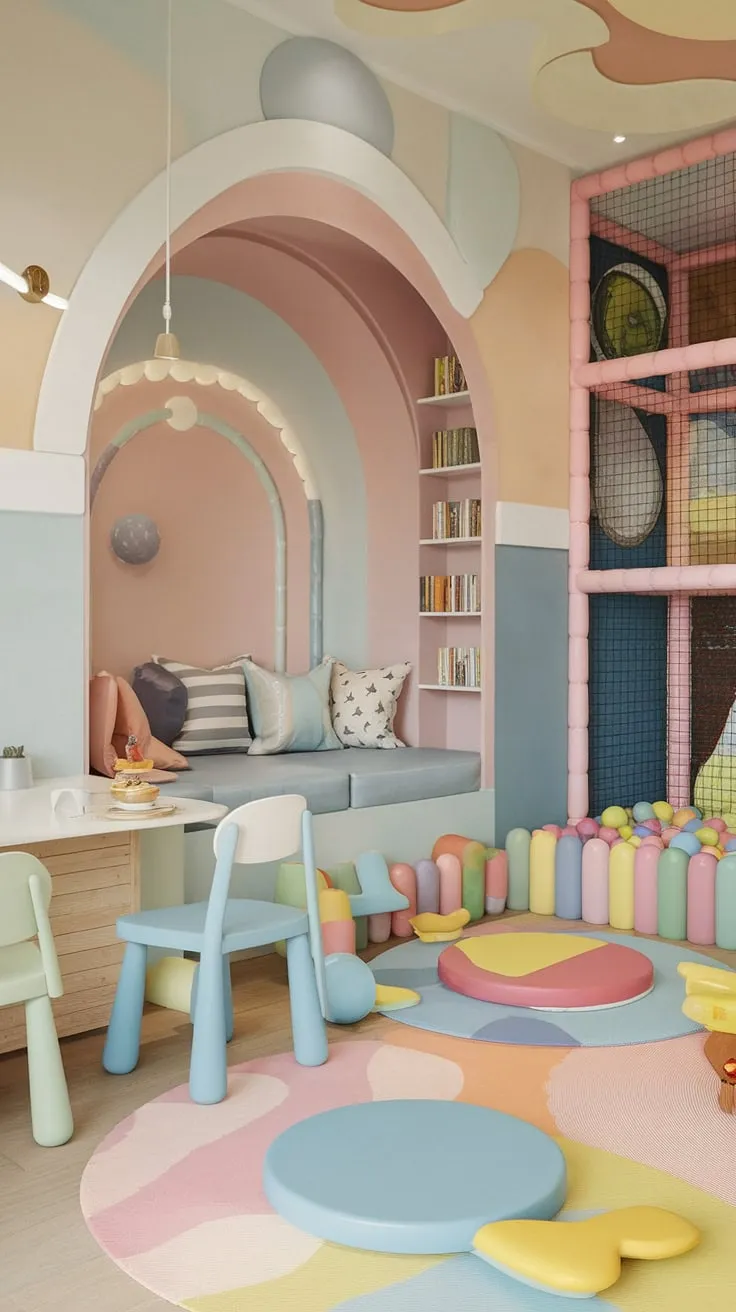 This small playroom boasts a stunning indoor playground design, complete with a charming play cafe – the perfect kids cafe for little ones.  With a dedicated reading nook and a vibrant array of toys, this baby playroom and girls playroom is the ultimate indoor playroom, offering a delightful play place for kids of all ages.  A truly inspiring example of kids playroom decor.