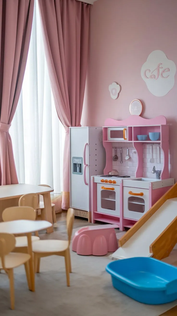 This isn't just a kids playroom; it's a dream playroom!  This small indoor playroom transforms into a captivating play cafe, complete with a pink play kitchen and a charming play cafe counter.  Perfect for girls, this baby playroom and kids cafe offers a fun and safe indoor playground design, creating the ideal play place with thoughtful kids playroom decor.