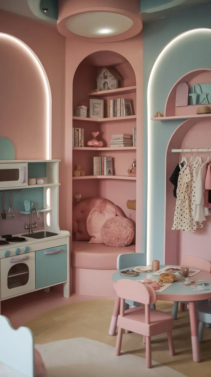 This small dream playroom is every child's fantasy brought to life!  A perfect blend of pastel pink and blue, it features a cozy reading nook, a miniature kitchen for budding chefs, a dressing-up area for imaginative play, and a craft table for creative expression.  This indoor playroom, designed as a delightful play place, offers endless possibilities for fun and learning.  It's the ultimate kids playroom decor, ideal as a baby playroom or girls playroom, and even evokes the charm of a kids cafe or play cafe.  A truly inspiring indoor playground design.