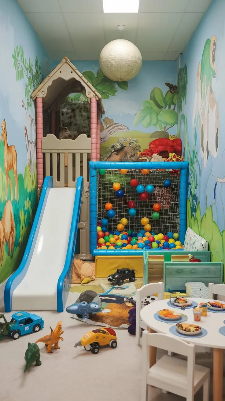 Transforming a small space into a dream playroom? This indoor playroom proves it's possible!  Our indoor playground design cleverly incorporates a slide, jungle gym, and ball pit, creating the ultimate play cafe or kids cafe experience.  With vibrant animal murals and plenty of toys, this girls playroom (and equally perfect baby playroom) is the definition of kids playroom decor done right.  A true play place for endless fun.