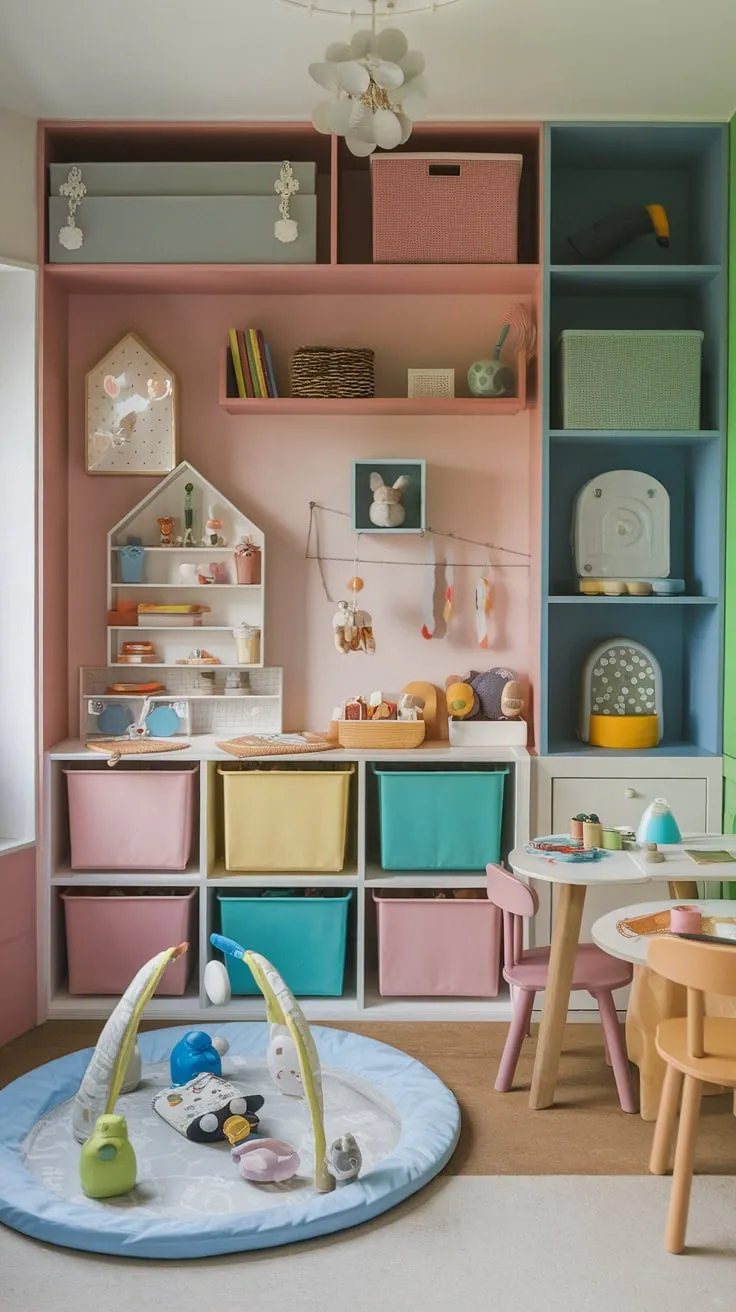 Transforming a small space into a dream playroom is achievable! This indoor playroom boasts an ingenious indoor playground design, featuring a dedicated play cafe, a quiet reading nook, a crafting station, and a safe baby playroom.  The girls playroom elements blend seamlessly with the overall kids playroom decor, creating a fun and functional play place for kids of all ages.