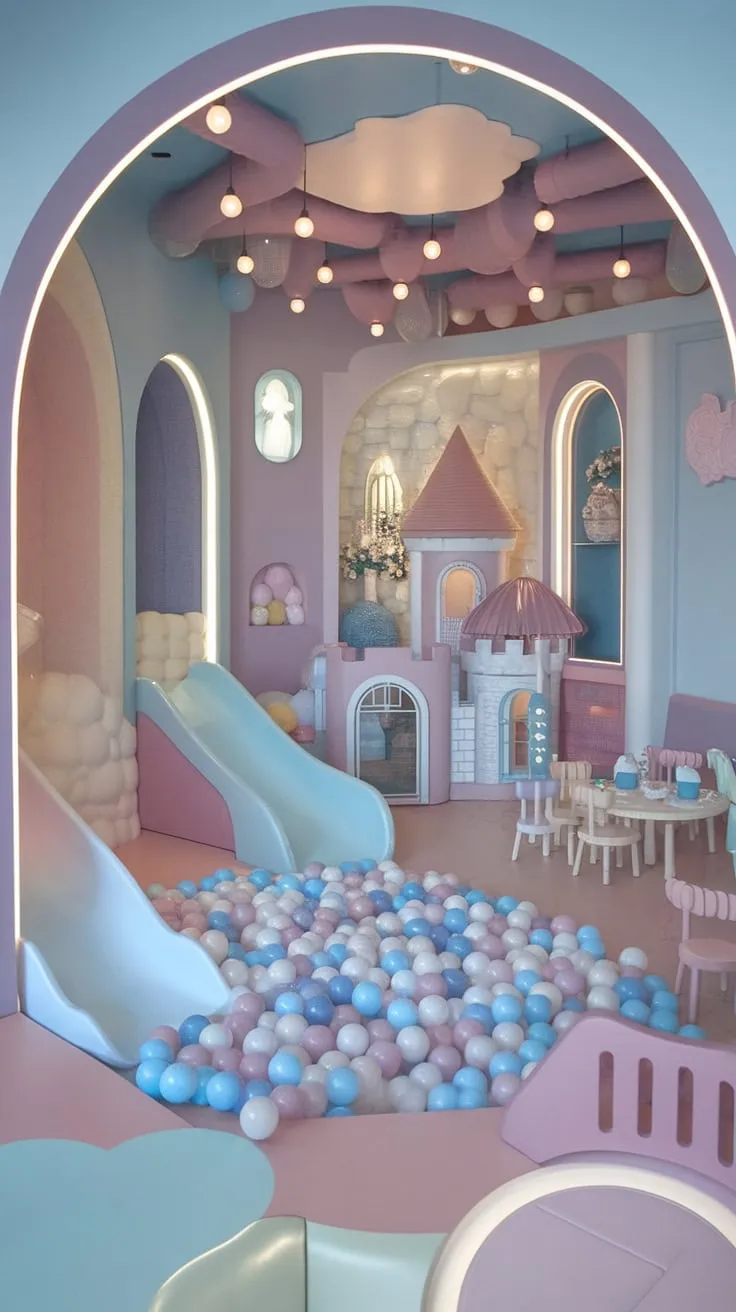This small dream playroom is every child's fantasy brought to life!  Pastel hues, a whimsical castle, a thrilling slide, and a cozy ball pit create the perfect indoor playroom and play cafe experience.  The thoughtful indoor playground design, complete with a cute kids cafe area, makes this the ultimate play place for imaginative adventures.  Ideal as a baby playroom or girls playroom, this space showcases stunning kids playroom decor.