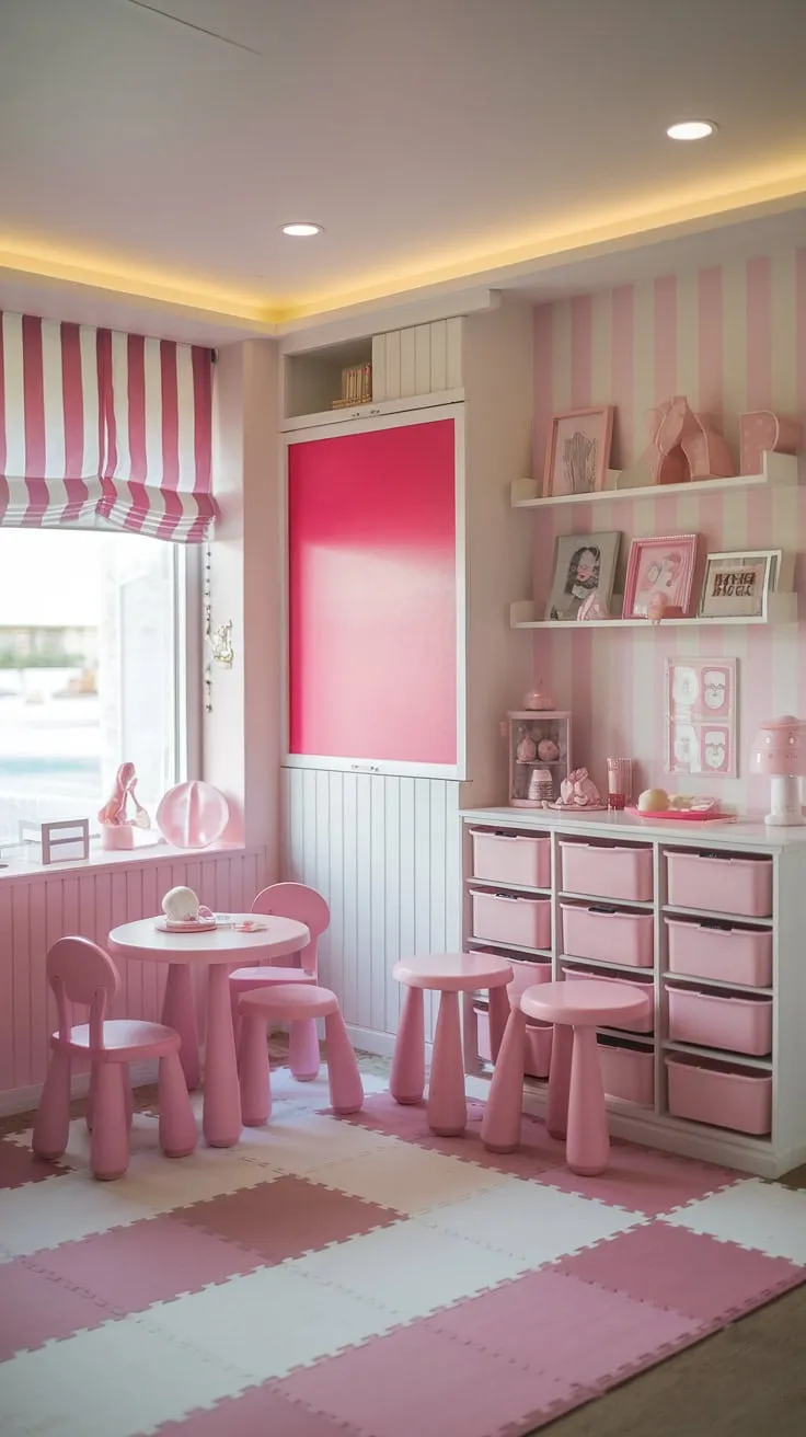 This small playroom is every child's dream come true!  A whimsical play place with a delightful play cafe, pink accents, and a stylish kids playroom decor.  This indoor playground design is perfect for little ones, transforming a small space into a magical baby playroom or girls playroom.  The perfect blend of function and fun for your indoor playroom.