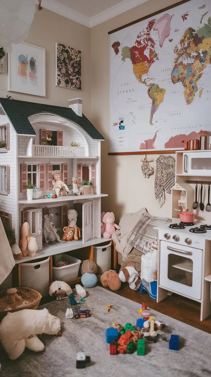 This small but perfectly formed dream playroom is every child's indoor playground design fantasy come true.  A haven of imaginative play, from the mini kitchen and dollhouse to the building blocks and cuddly stuffed animals, it's the ultimate play place – a kids cafe and baby playroom rolled into one, perfect for girls and a delightful kids playroom decor inspiration.