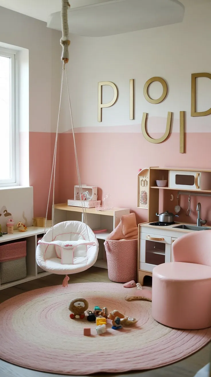 This small dream playroom, a haven of baby pink and gold, is the ultimate indoor playroom and indoor playground design.  A perfect play place for little ones, it seamlessly blends play cafe and kids cafe aesthetics, creating a charming baby playroom and girls playroom.  The thoughtful kids playroom decor ensures every corner sparks imagination.
