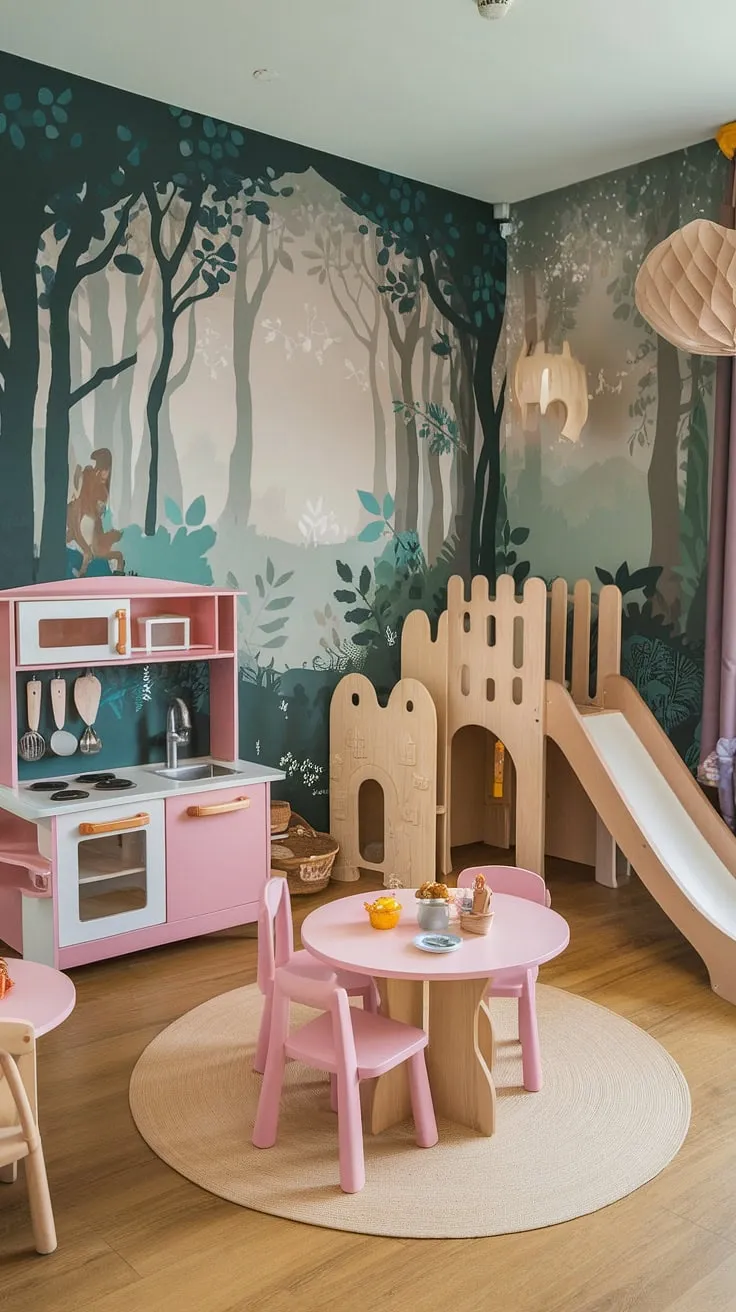 This small dream playroom is pure magic!  A whimsical forest mural sets the scene for imaginative play, complete with a pink play kitchen, wooden castle, slide, and even a dedicated play cafe and baby playroom.  The perfect indoor playroom and kids cafe, showcasing clever indoor playground design and delightful girls playroom decor. This kids playroom decor is the ultimate play place.