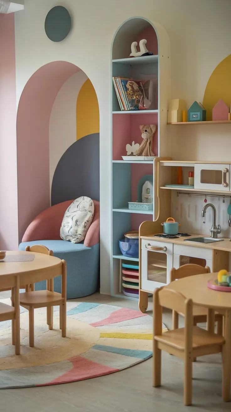 This small playroom is more than just a room; it's a whimsical indoor playground design, a vibrant play place where creativity blossoms.  With its charming play kitchen, comfy reading nook, and thoughtfully curated kids playroom decor, it's the ultimate dream playroom—a perfect kids cafe or baby playroom, especially suited for girls.  This indoor playroom proves that even a small space can be transformed into a magical play cafe.