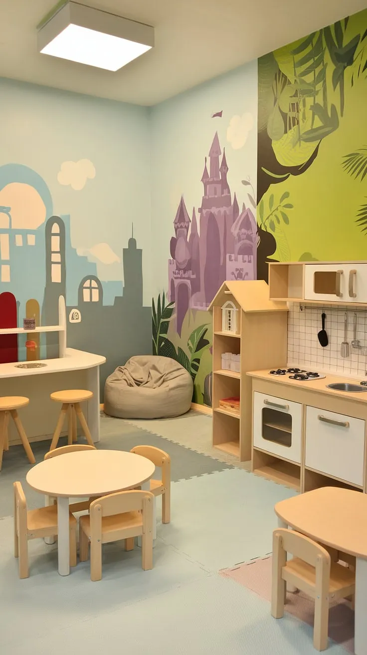 Step into this enchanting small dream playroom, a whimsical indoor playroom where imagination runs wild.  The play cafe, complete with a kids cafe counter and tiny chairs, sits alongside a cozy reading nook and a fully equipped play kitchen. This indoor playground design is perfect for girls playroom fun, offering a baby playroom-friendly space with a dollhouse and cityscape murals.  The kids playroom decor is simply magical.