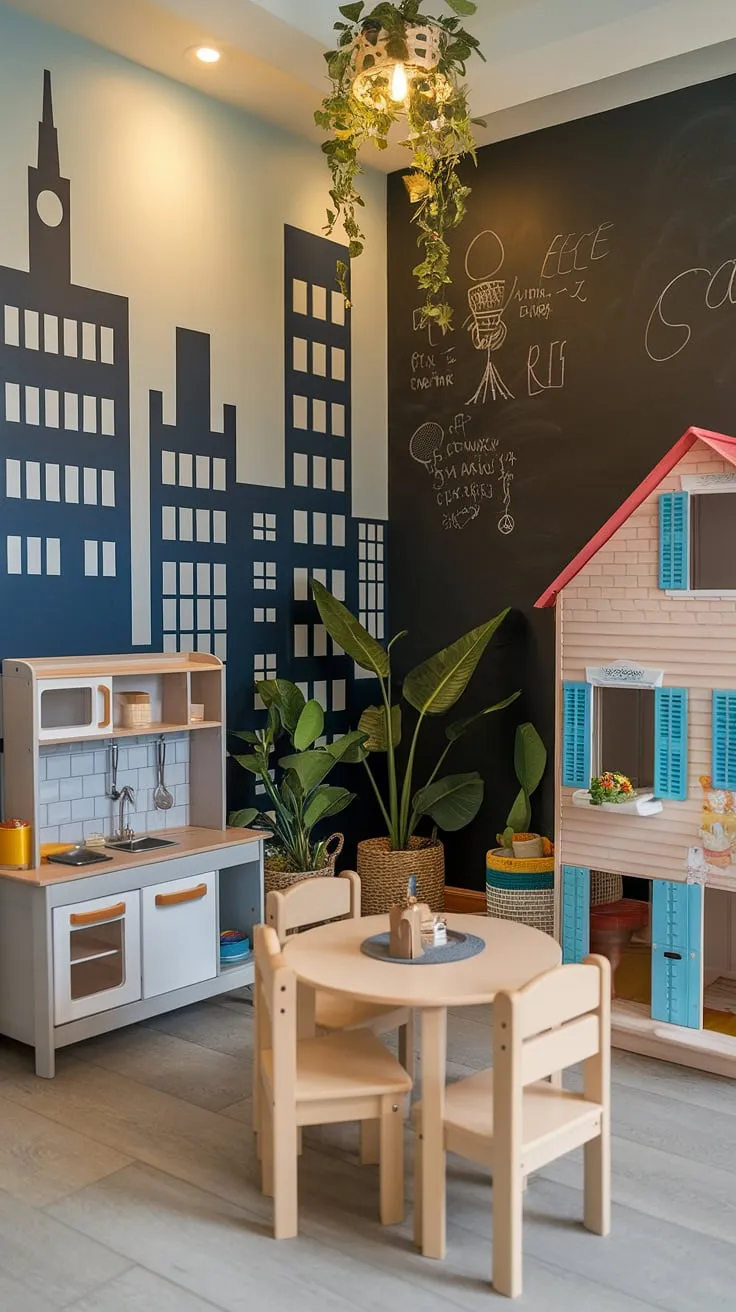 Step into this charming small dream playroom, a whimsical play cafe designed for little ones.  The indoor playroom's cityscape mural and chalkboard wall spark creativity, while the cozy play place, complete with a kitchen set and dollhouse, offers endless imaginative adventures. Perfect for a baby playroom, girls playroom, or any kids playroom decor, this indoor playground design transforms playtime into a delightful experience.