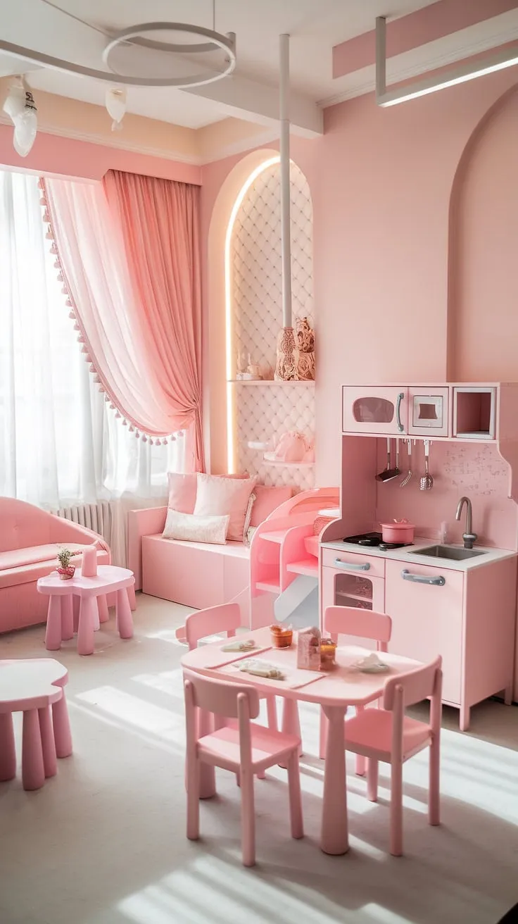 Every girl's dream: a small, pink paradise! This indoor playroom is more than just a play place; it's a captivating kids cafe and indoor playground design.  With a mini kitchen, reading nook, and exciting slide, this playroom offers endless possibilities for imaginative play.  The perfect blend of play cafe and kids playroom decor, it's a truly special baby playroom.