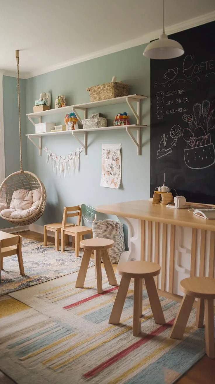 Every detail in this small indoor playroom contributes to its dream playroom aesthetic.  The play cafe theme, with its charming counter and stools, creates a unique kids cafe atmosphere.  The soft blue walls, colorful rug, and thoughtfully curated kids playroom decor make this indoor playground design a truly special play place for any child.  A perfect baby playroom or girls playroom, this space is brimming with fun.