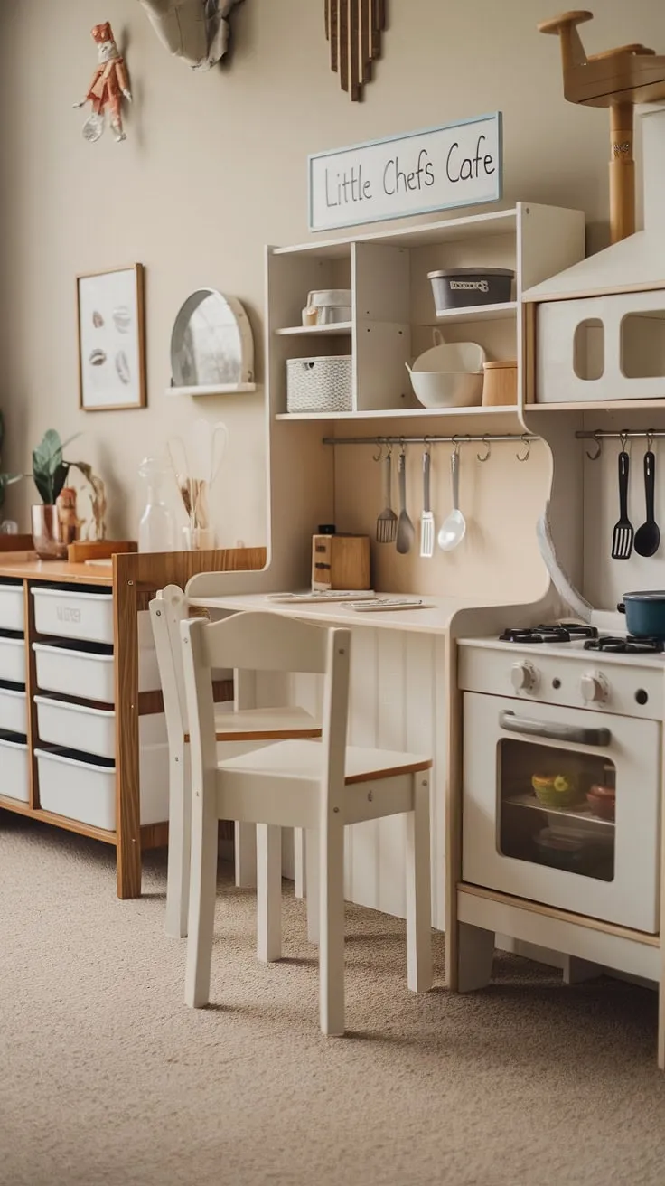 This small dream playroom is every child's fantasy brought to life!  A charming Little Chefs Cafe, complete with a mini kitchen and play place, makes this indoor playroom the perfect indoor playground design for imaginative play.  The thoughtful kids playroom decor, including a wooden cabinet and cozy carpet, creates a delightful baby playroom or girls playroom haven.
