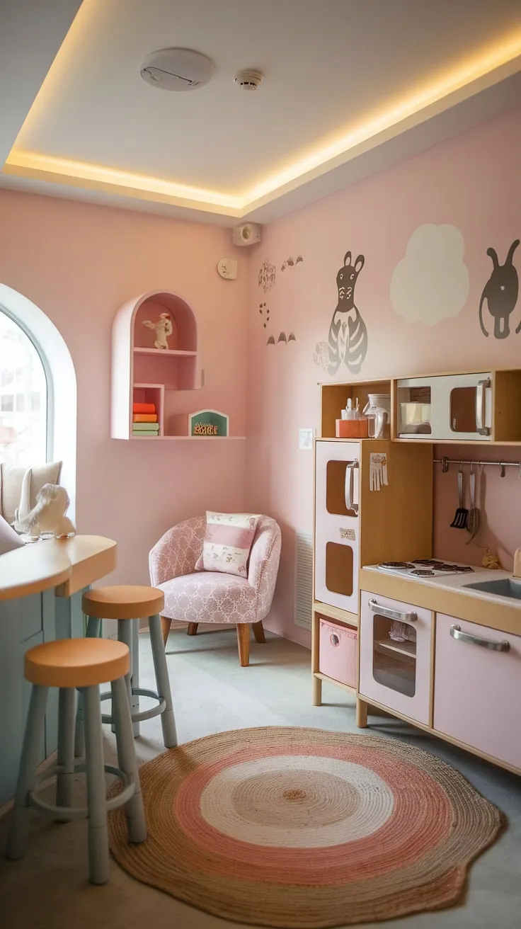This small dream playroom is every child's fantasy come true!  A charming kids playroom decor featuring a play cafe area, a tiny kitchen, and a snug reading nook, it's the perfect indoor playground design.  Ideal as a baby playroom or girls playroom, this indoor playroom provides a dedicated play place filled with wonder and joy.
