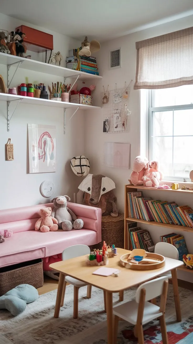 Transforming a small space into a dream playroom doesn't require a miracle, just clever indoor playground design! This delightful playroom, perfect as a baby playroom or girls playroom, boasts a charming play cafe vibe.  With its thoughtfully curated kids playroom decor and dedicated play place, it's the ultimate indoor playroom for sparking creativity and endless fun.